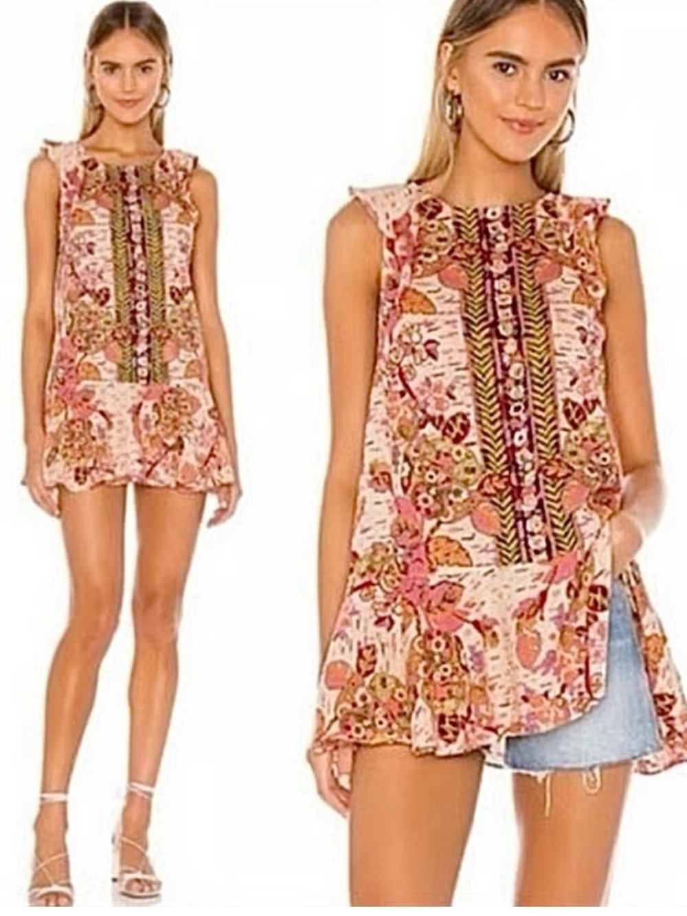 Free People Pink Floral Summer In Tulum Ruffle Mini Dress Linen Tie Back Size S